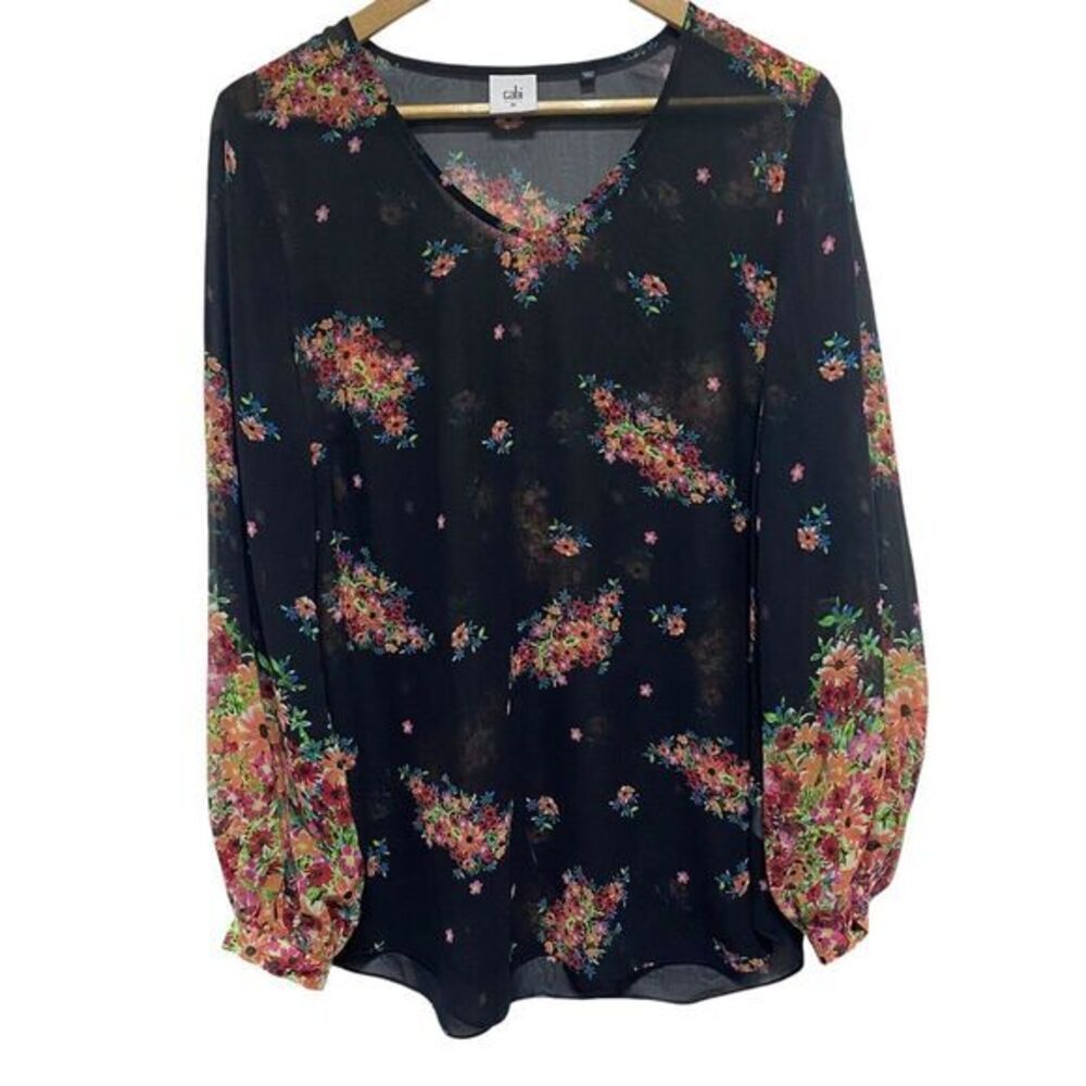 CAbi Blouse Womens M Black Floral 3594 Blooming Balloon Sleeve Sheer Lightweight